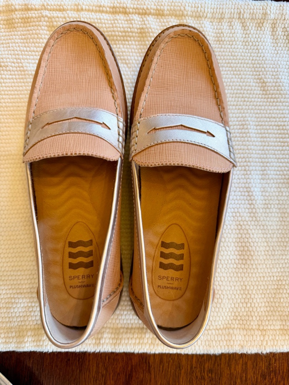 Sperry Blush Pink and Metallic Silver Penny Loafers